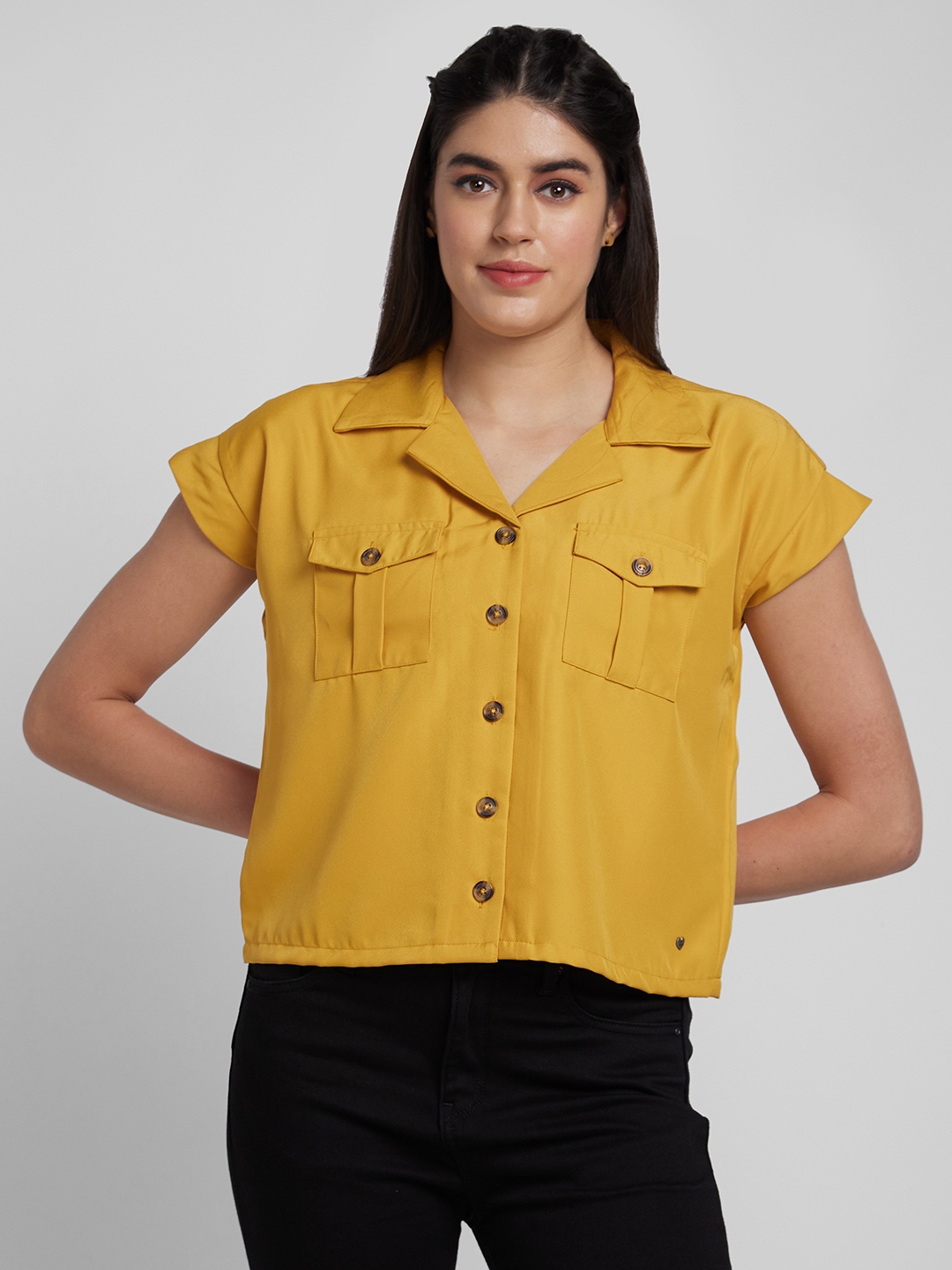 Spykar Women Ochre Yellow Cotton Slim Fit Cap Sleeve Denim Shirt