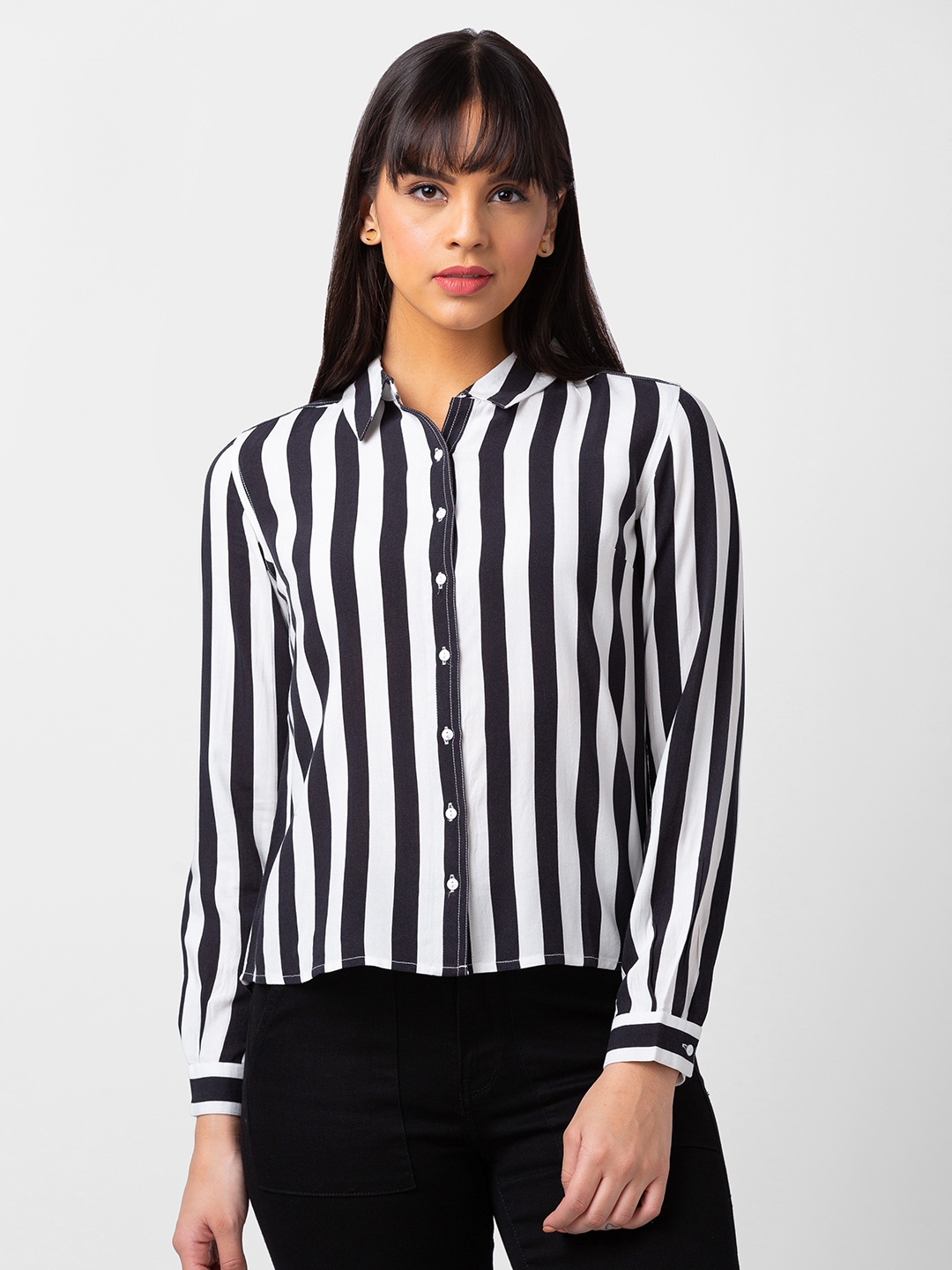 spykar | Spykar Women Black Reyon Regular Fit Striped Shirt