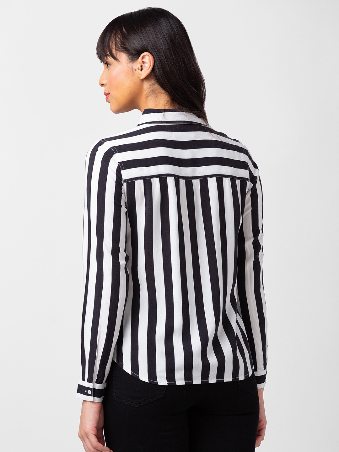 Spykar Women Black Reyon Regular Fit Striped Shirt