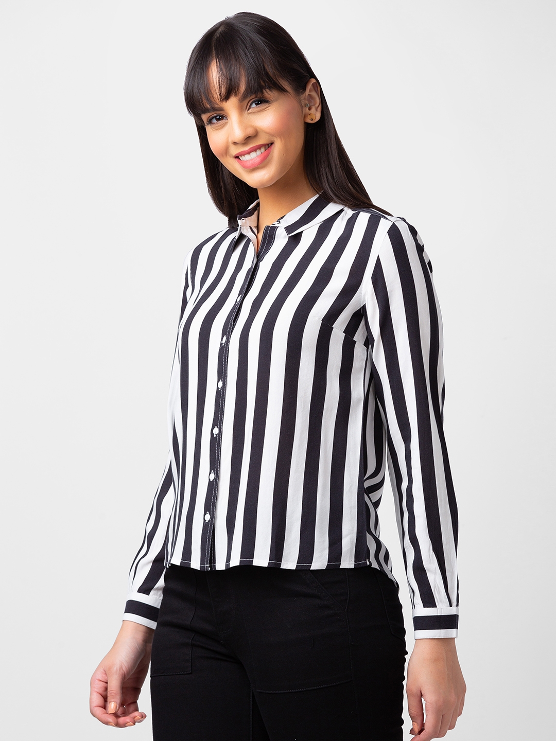 Spykar Women Black Reyon Regular Fit Striped Shirt