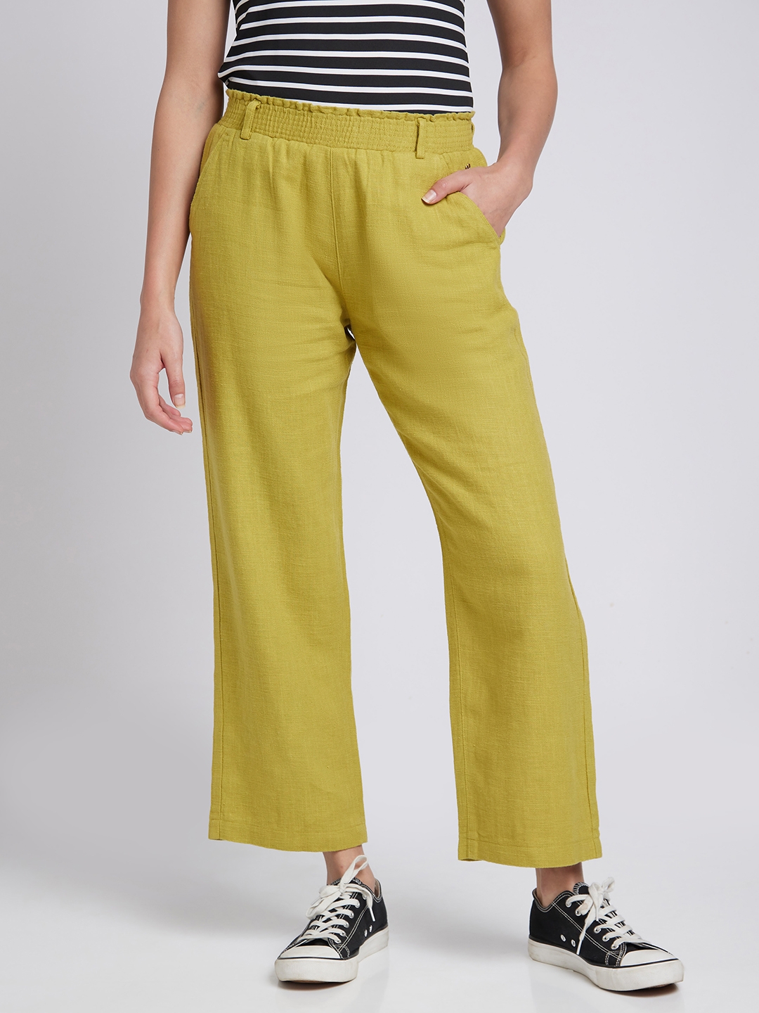 Women's Yellow Linen Solid Trousers