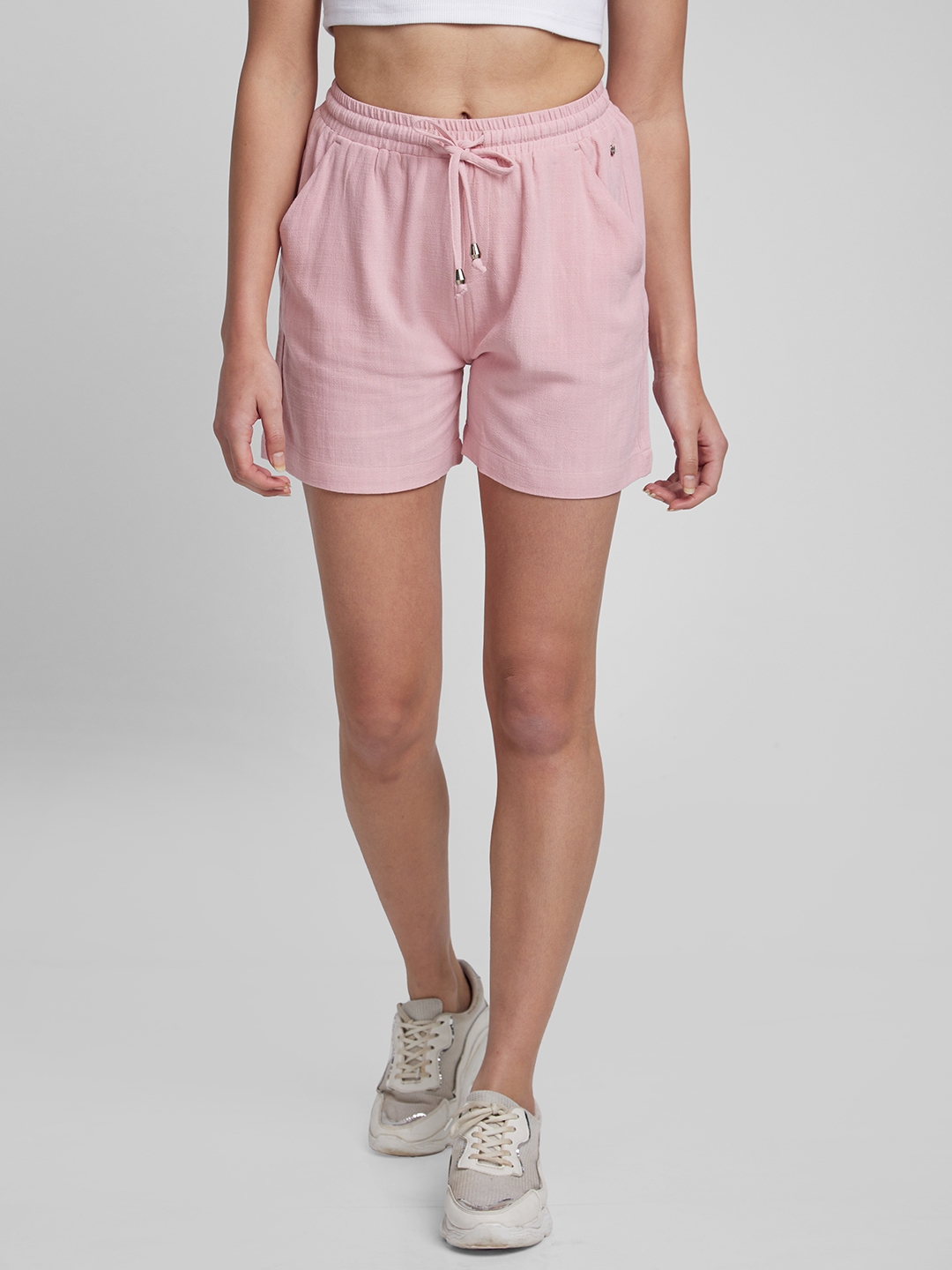 Women's Pink Cotton Blend Solid Shorts