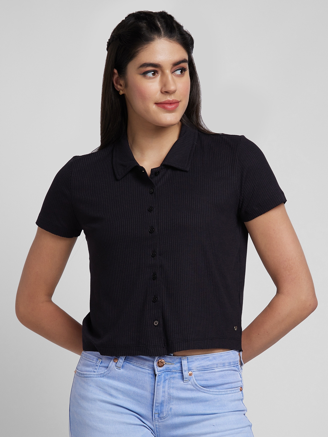 spykar | Spykar Women Black Blended Slim Fit Plain Polo Neck Tshirt