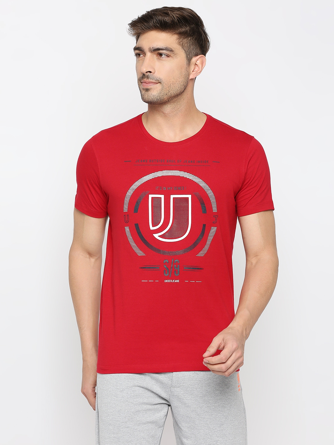 Underjeans by Spykar Men Deep Red Cotton Round Neck Printed Tshirt