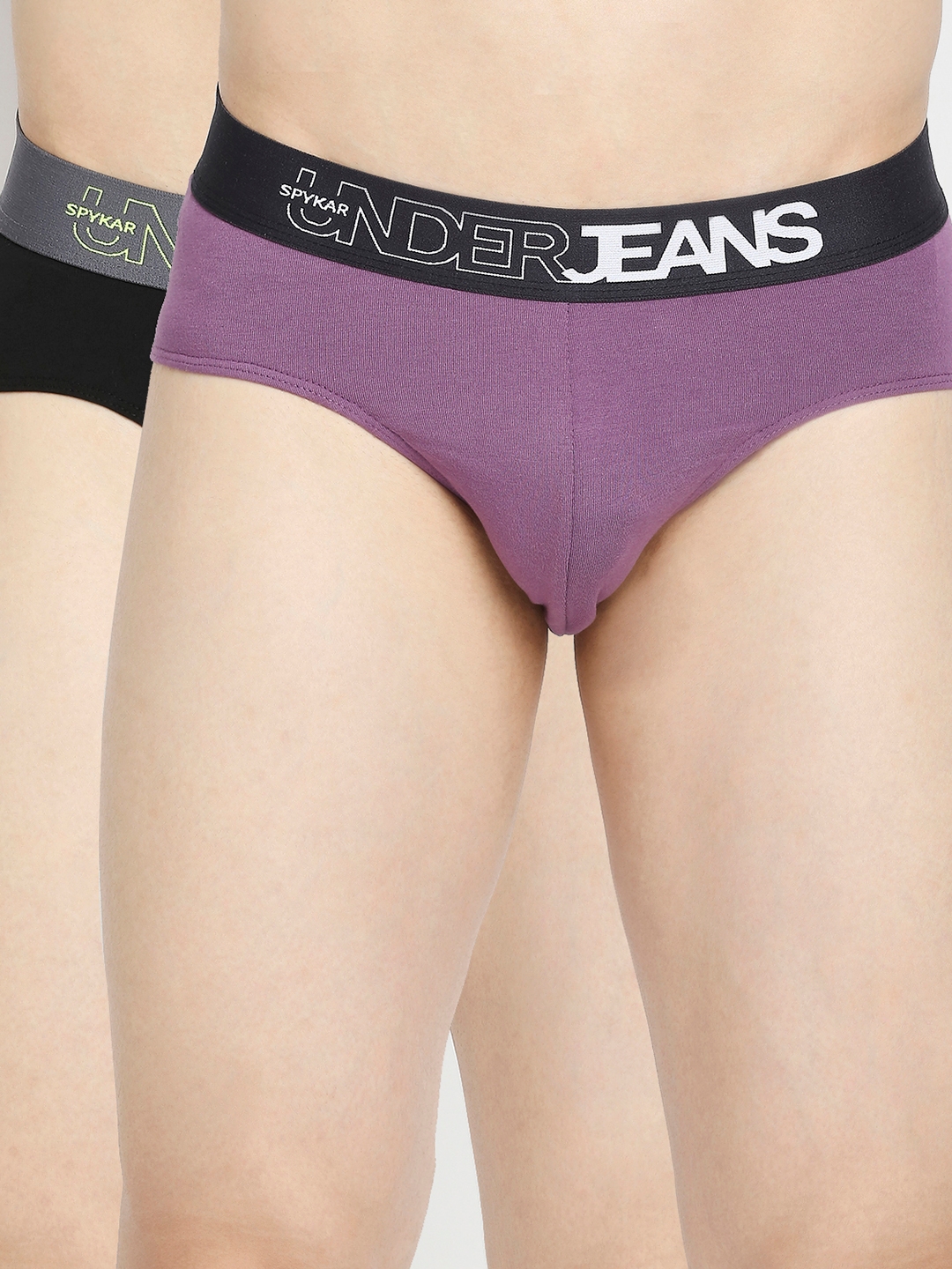 Underjeans by Spykar Dull Purple & Black Cotton Blend Brief - Pack Of 2