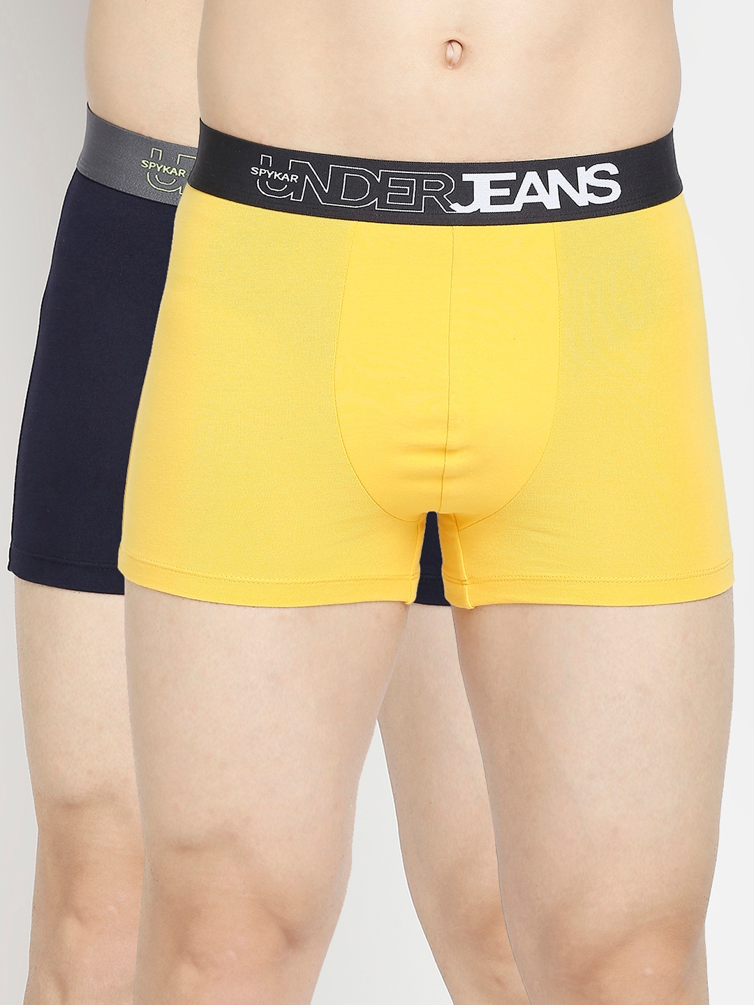 Underjeans by Spykar Yellow & Navy Blue Cotton Blend Trunk - Pack Of 2