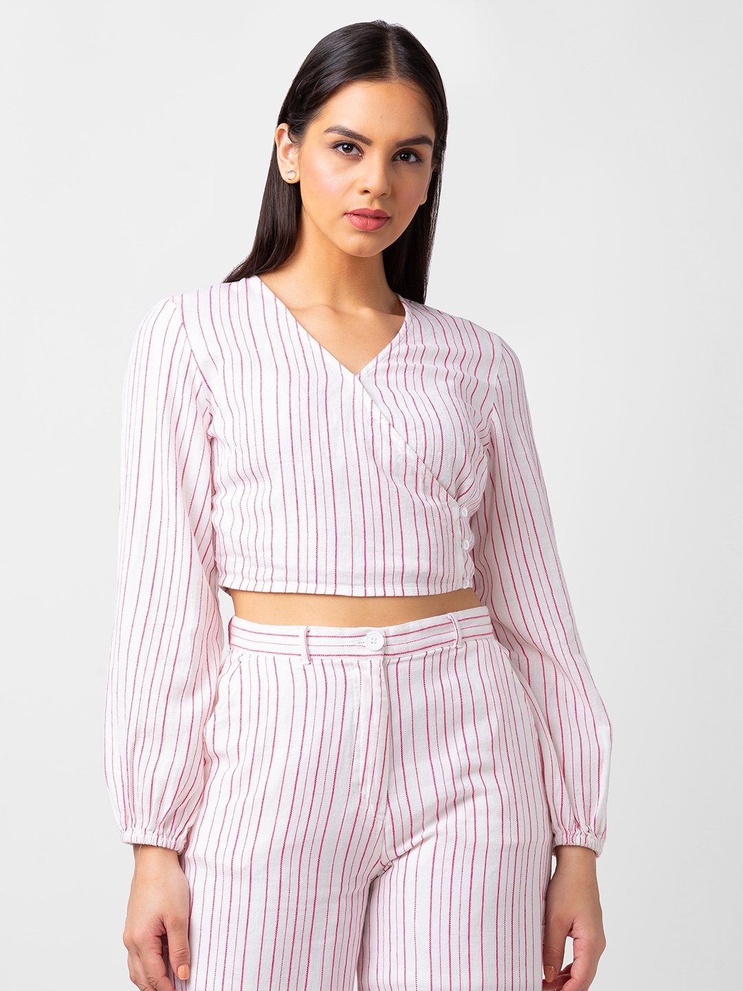 Spykar Women Pink Cotton Slim Fit Striped Shirt
