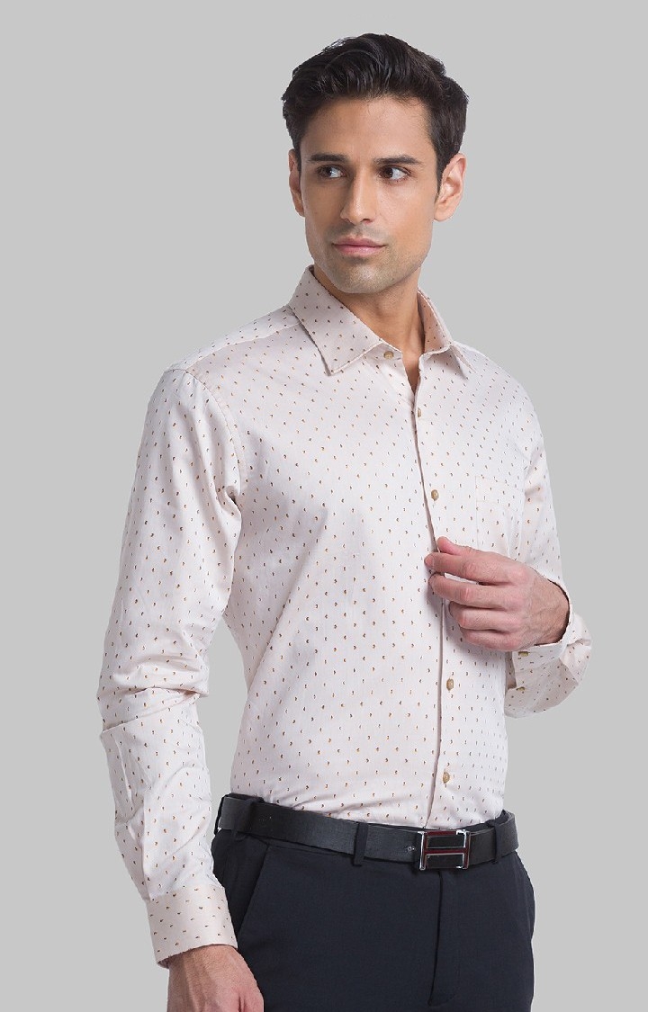Raymond Beige Jacquard Contemporary Fit Casual Shirts For Men