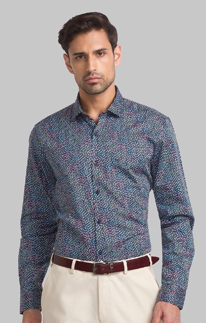 Raymond Blue Print Contemporary Fit Casual Shirts For Men
