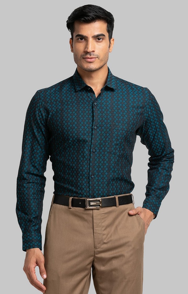 Raymond Blue Jacquard Contemporary Fit Casual Shirts For Men