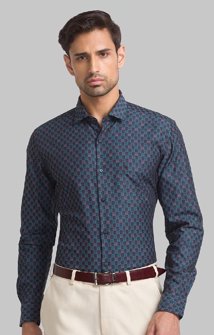 Raymond | Raymond Blue Jacquard Contemporary Fit Casual Shirts For Men