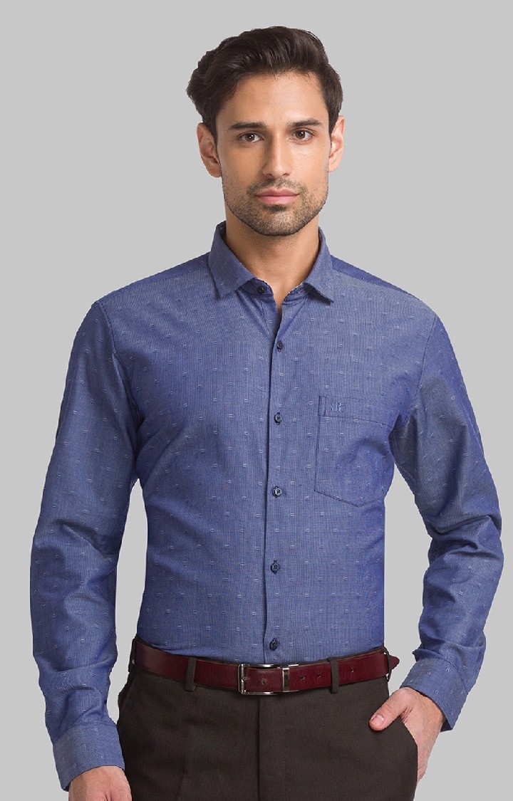 Raymond Blue Solid Contemporary Fit Casual Shirts For Men