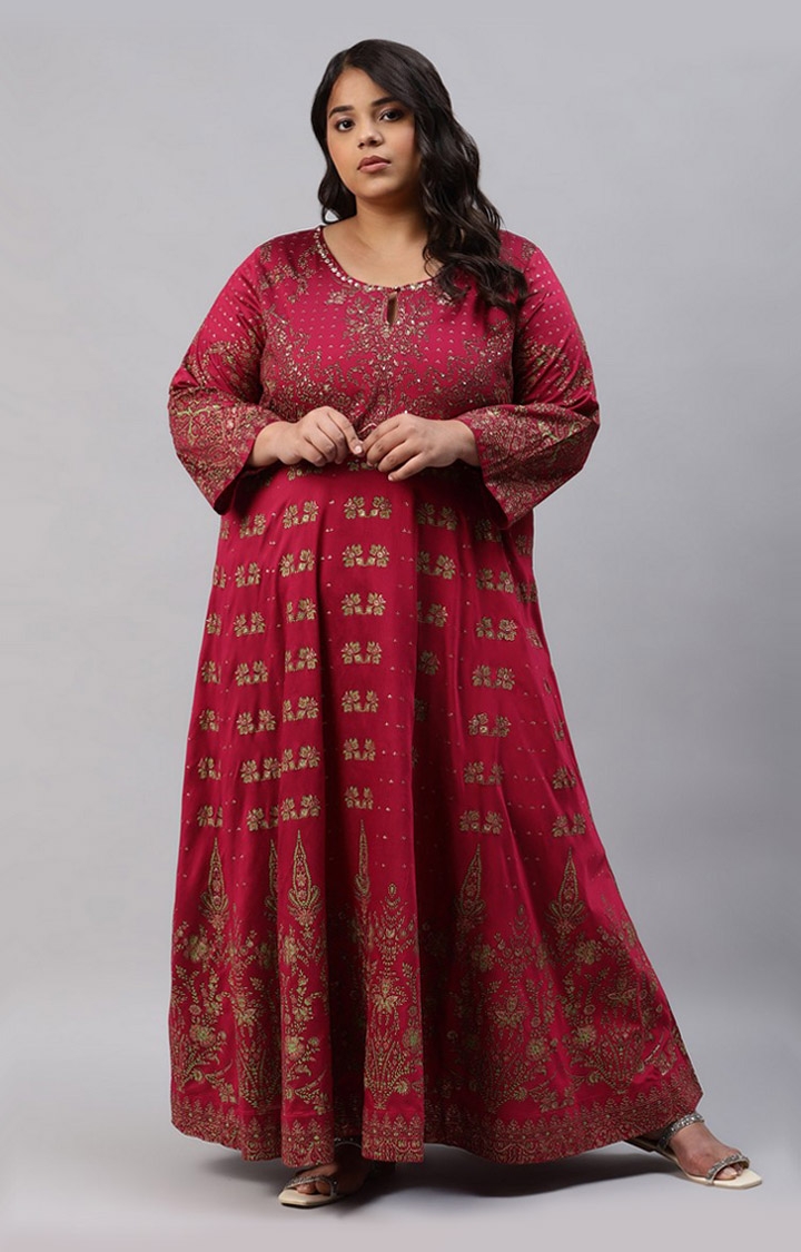 Plus Size Maroon Floral Printed Festive Indie Gowns