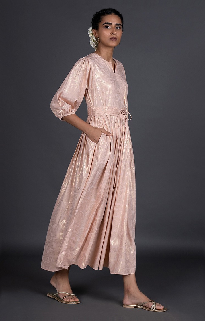 Light Pink Foil Printed Pleated Gowns With Belt