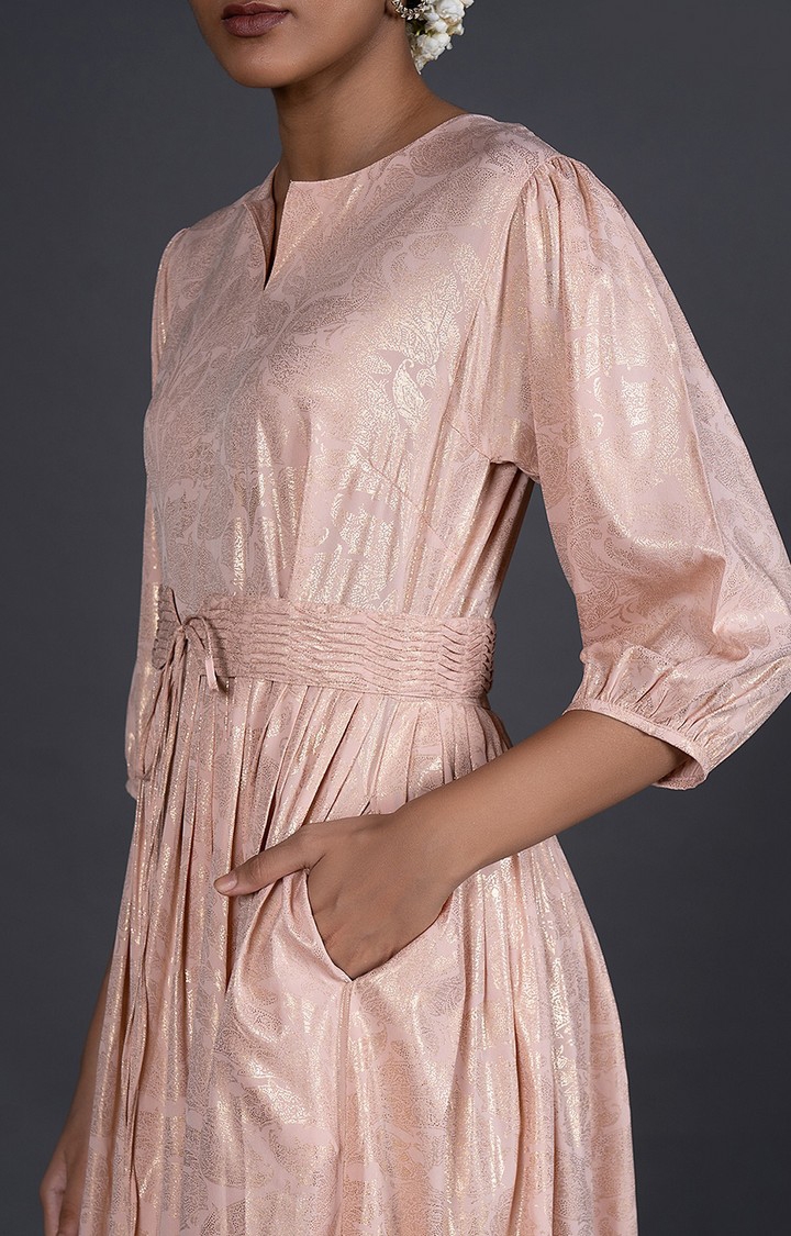 Light Pink Foil Printed Pleated Gowns With Belt