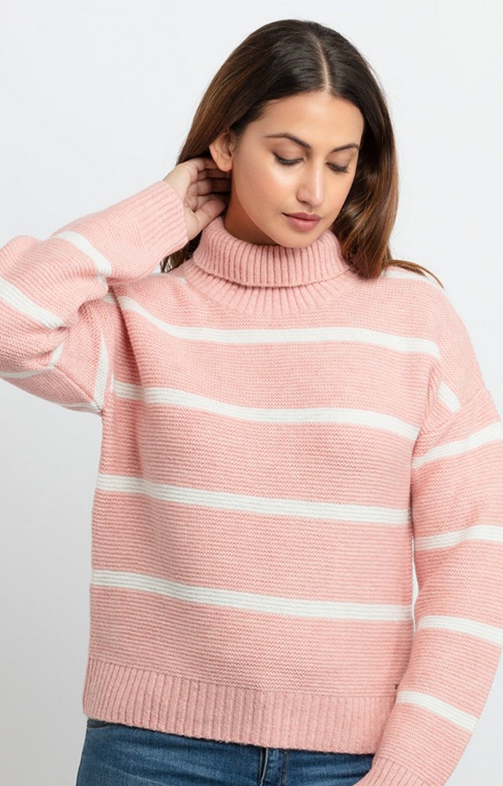 Women's Pink Acrylic Striped Sweaters