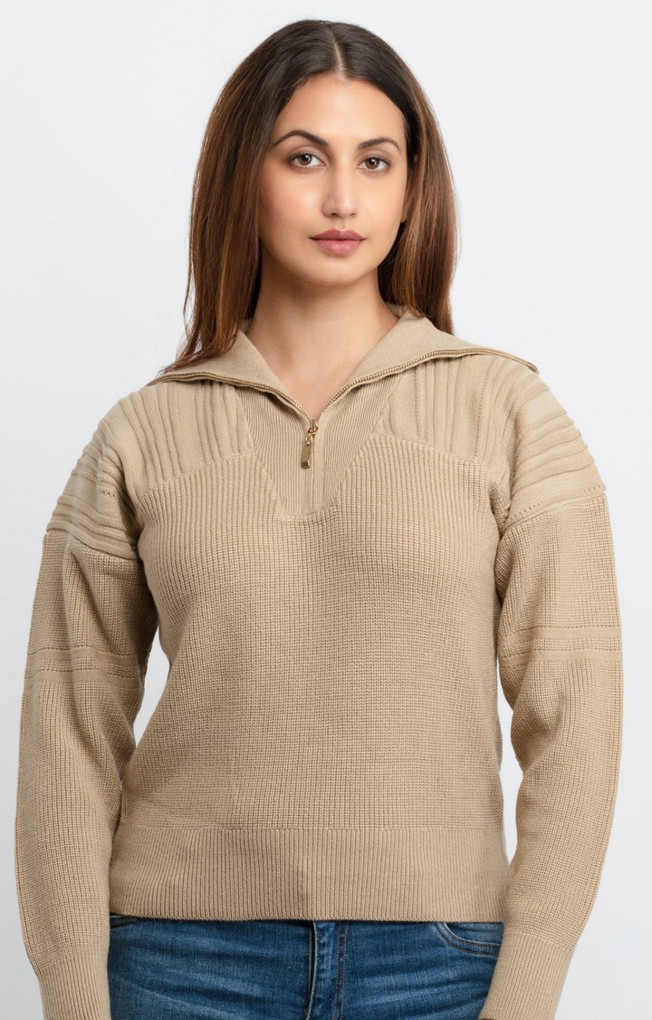 Women's Beige Acrylic Solid Sweaters