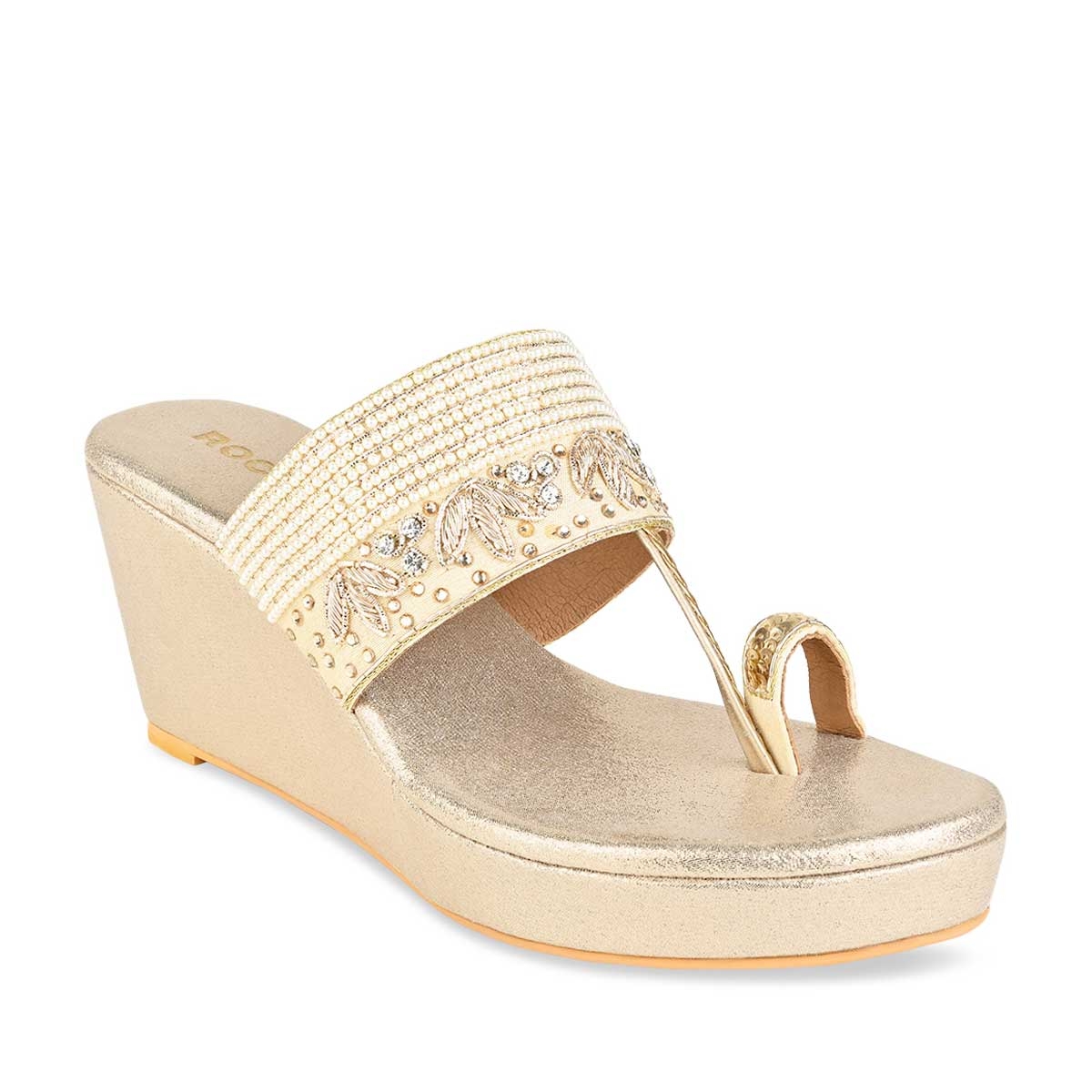 Rocia By Regal Gold Women One Toe Hand Embroidered Wedges
