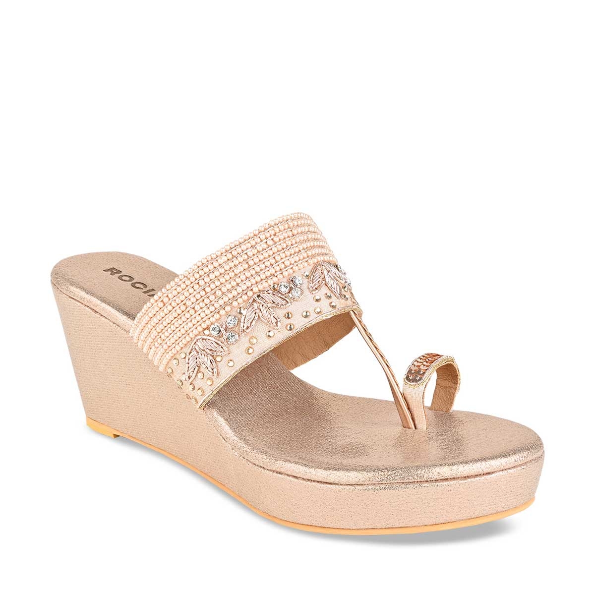 Rocia By Regal Rose Gold Women One Toe Hand Embroidered Wedges