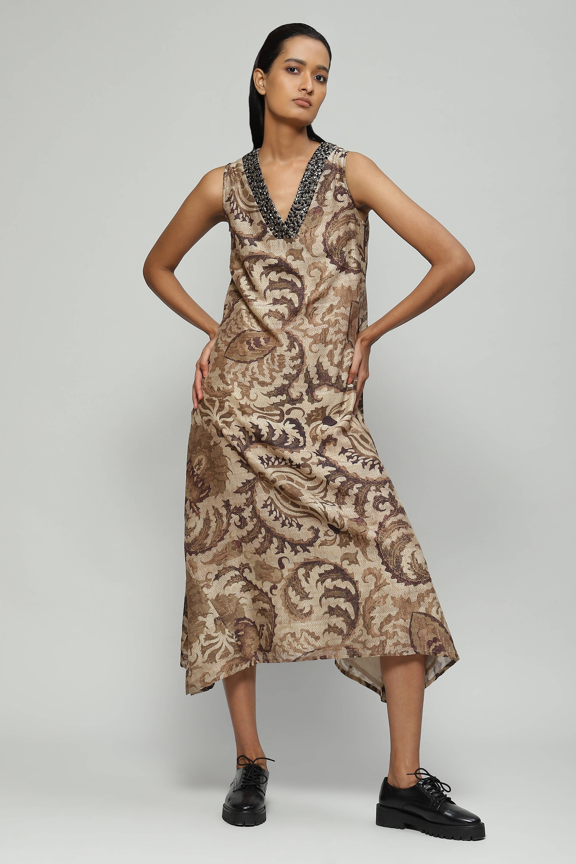 ABRAHAM AND THAKORE | Printed & Sequinned Silk Cotton Dress