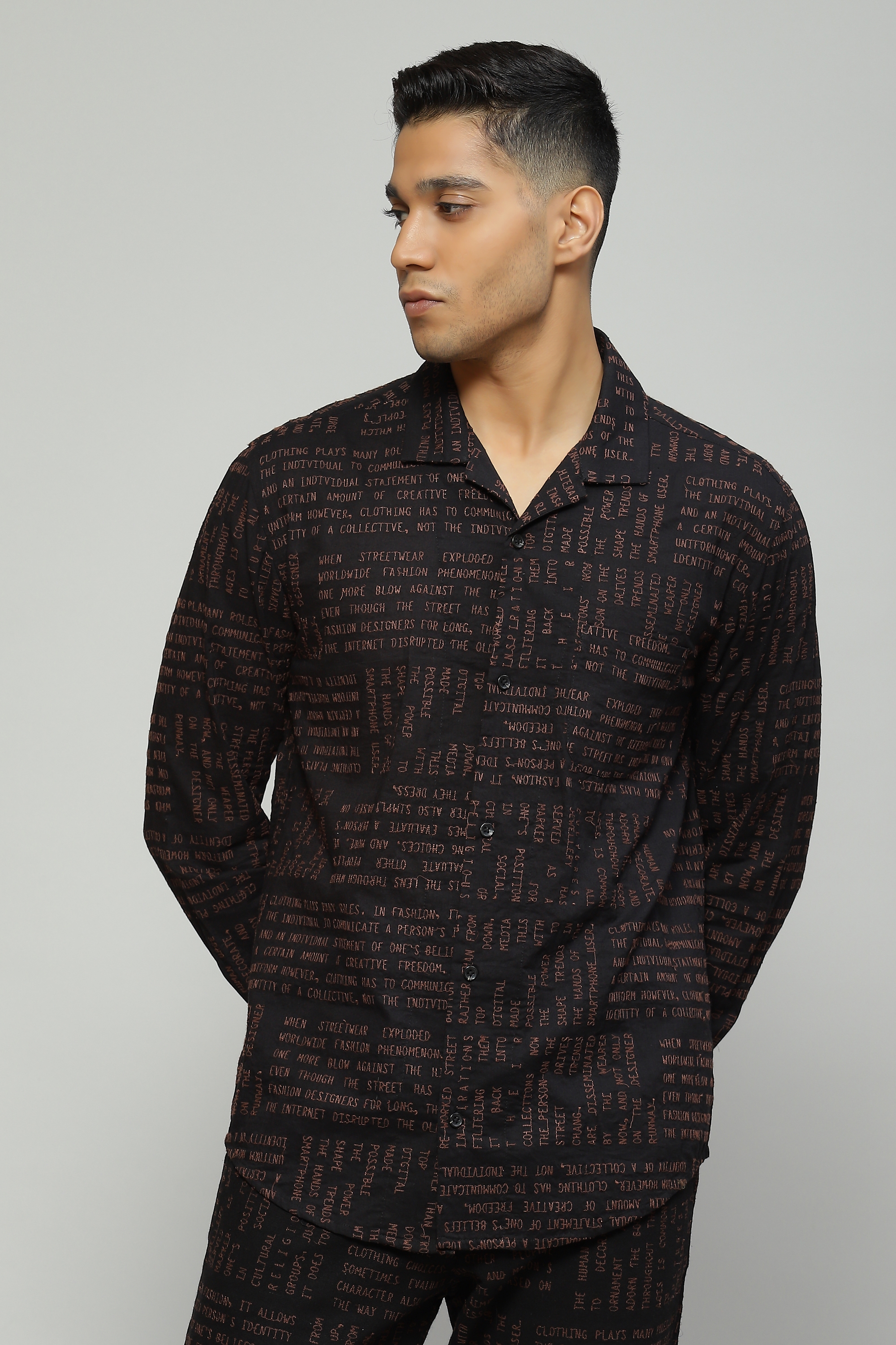 ABRAHAM AND THAKORE | Calligraphy Embroidered Shirt