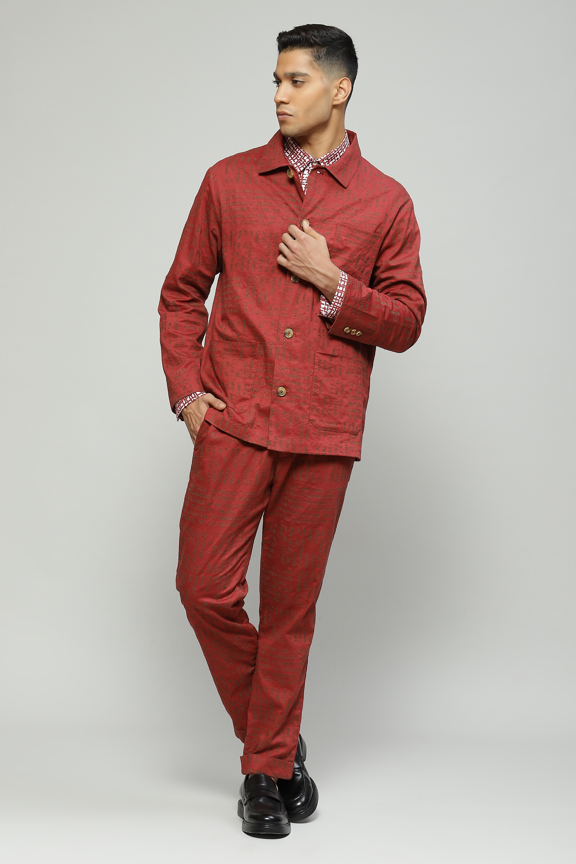 ABRAHAM AND THAKORE | Calligraphy Embroidered Madder Jacket