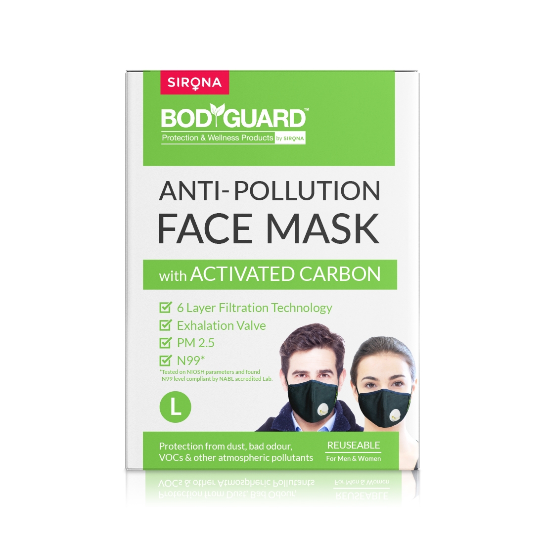 Bodyguard | Bodyguard Reusable Anti Pollution Face Mask with Activated Carbon, N99 + PM2.5 for Men and Women - Large