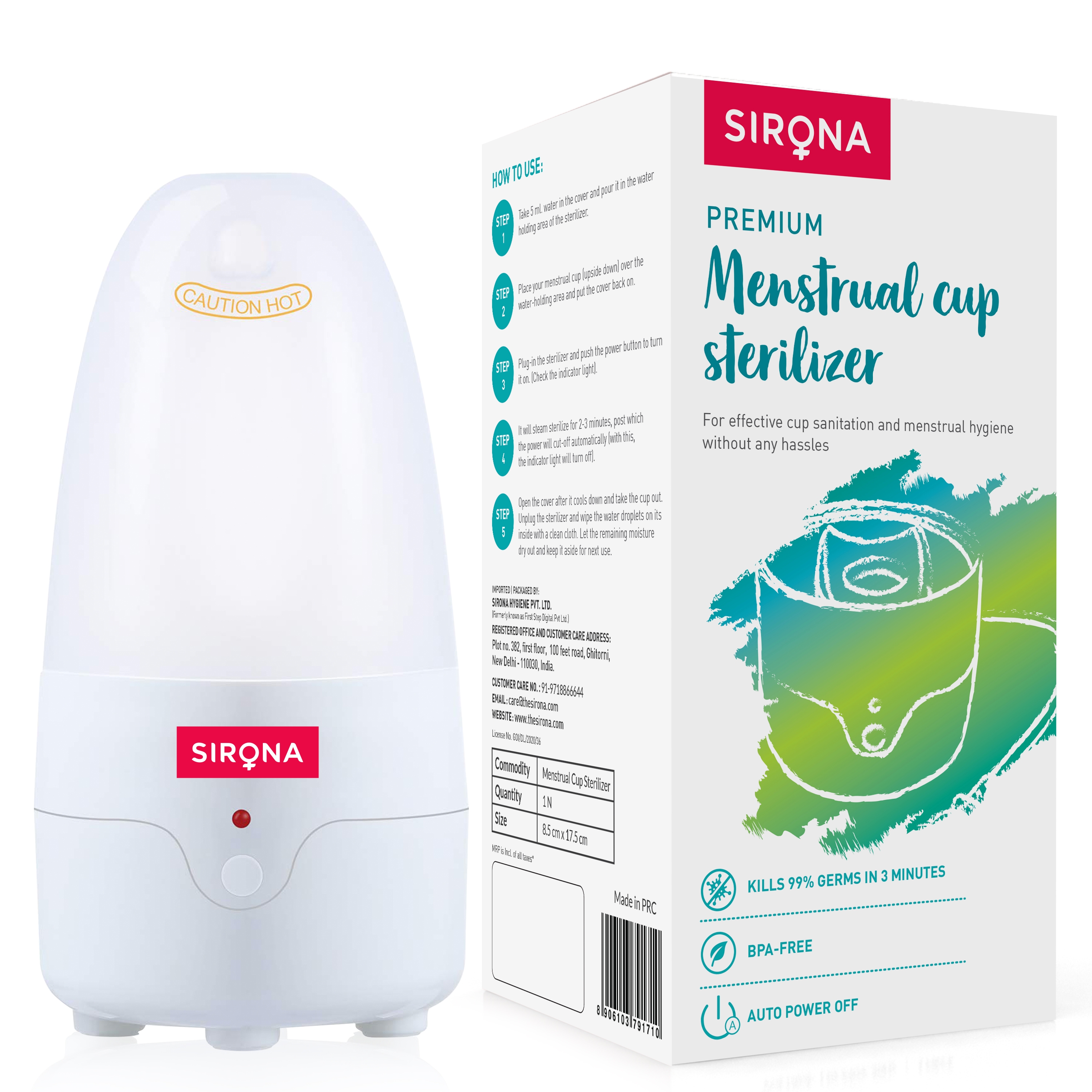 Sirona | Sirona Menstrual Cup Sterilizer - Clean your Period Cup Effortlessly - Kills 99% of Germs in 3 Minutes with Steam - 1 Unit