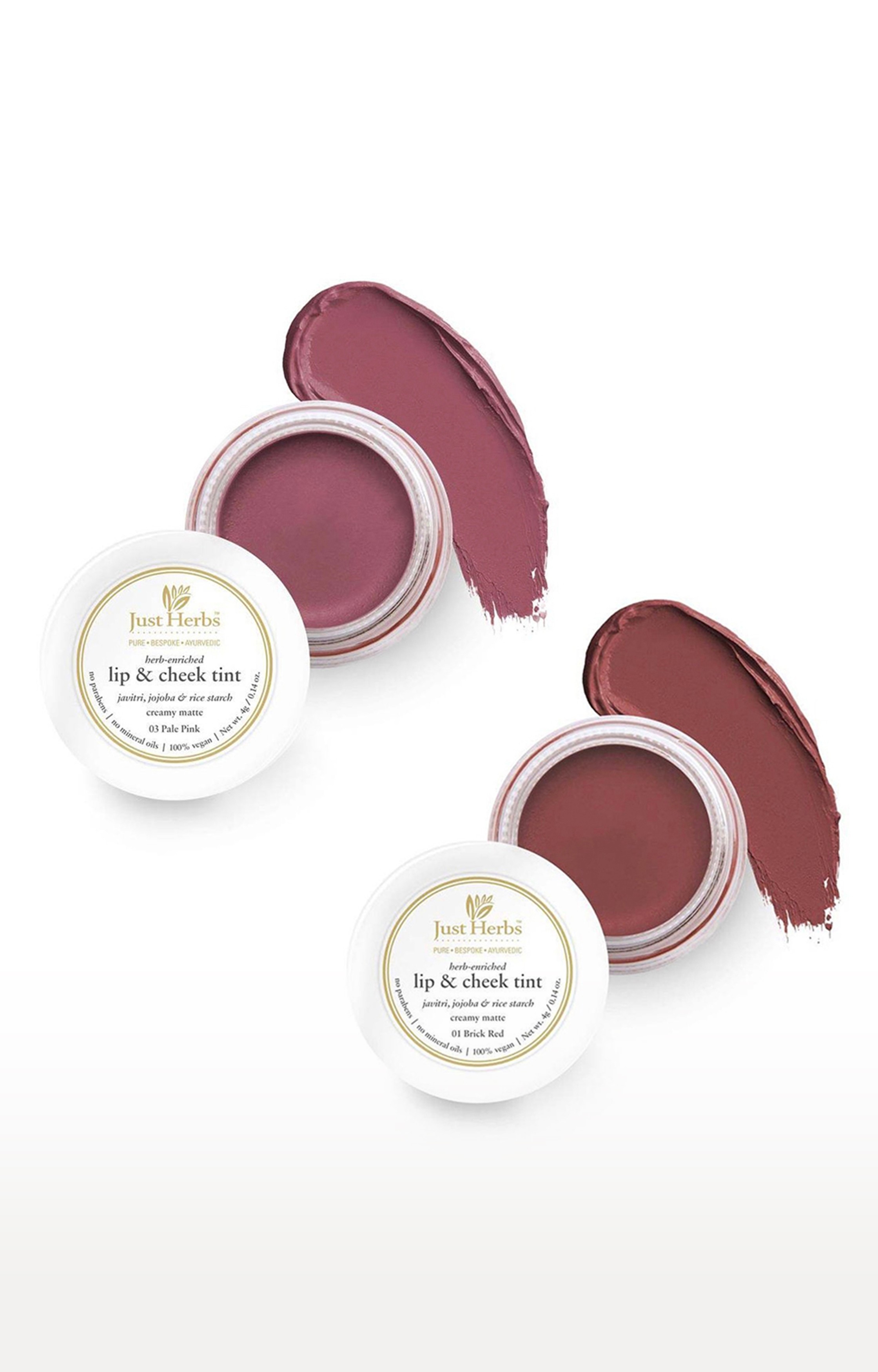 Just Herbs | Just Herbs Vegan Lip and Cheek Tint ( Pack of 2): Rosy Lips - Pale Pink and Brick Red