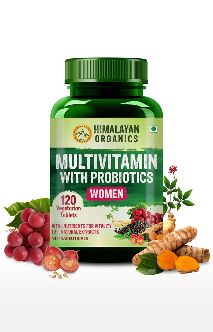 Himalayan Organics | Himalayan Organics Multivitamin with Probiotics for Women | 120 Veg Tabs | 60 + Natural Extracts, Essential Vitamins & Minerals |Vitamin D3, B12, Calcium, Curcumin & Biotin