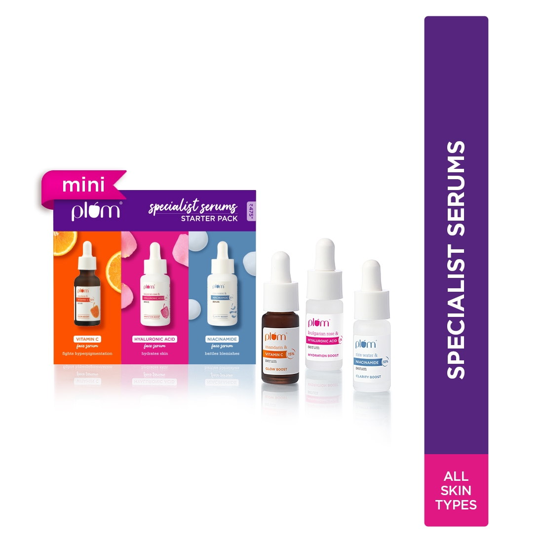 plum | Specialist Serums - Starter Pack | Set of 5 Mini Serums |For Glowing, Hydrated, Clear, Smooth & Even-toned Skin
