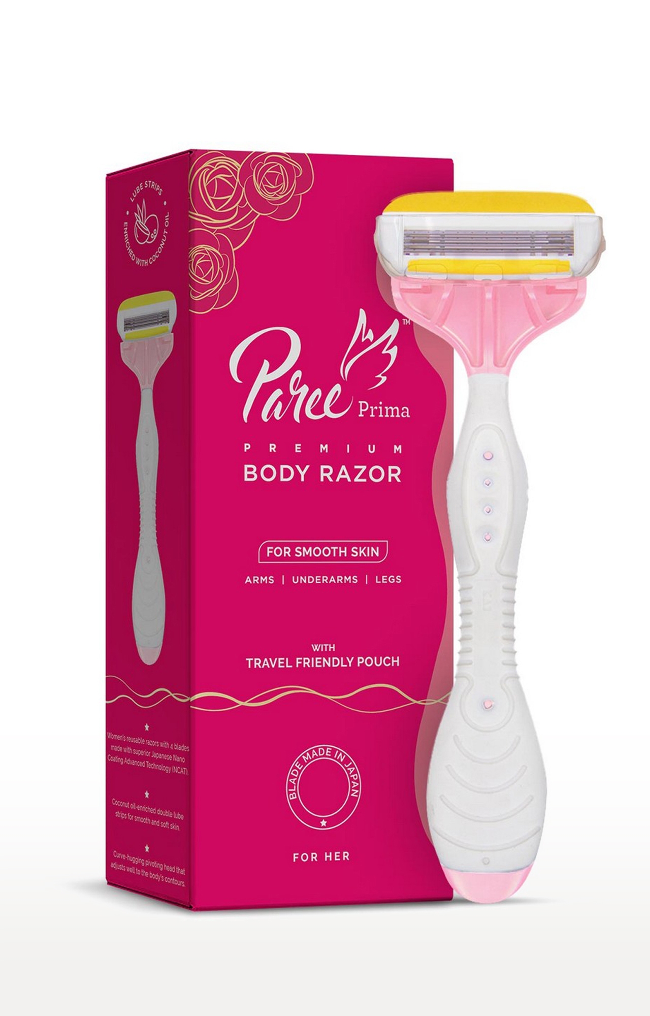 Paree | Paree Prima Full Body Razors for Women with 4 Blade Technology & Infused Coconut Oil for Arms, Legs and Bikini Line with Travel Pouch - Pack of 1