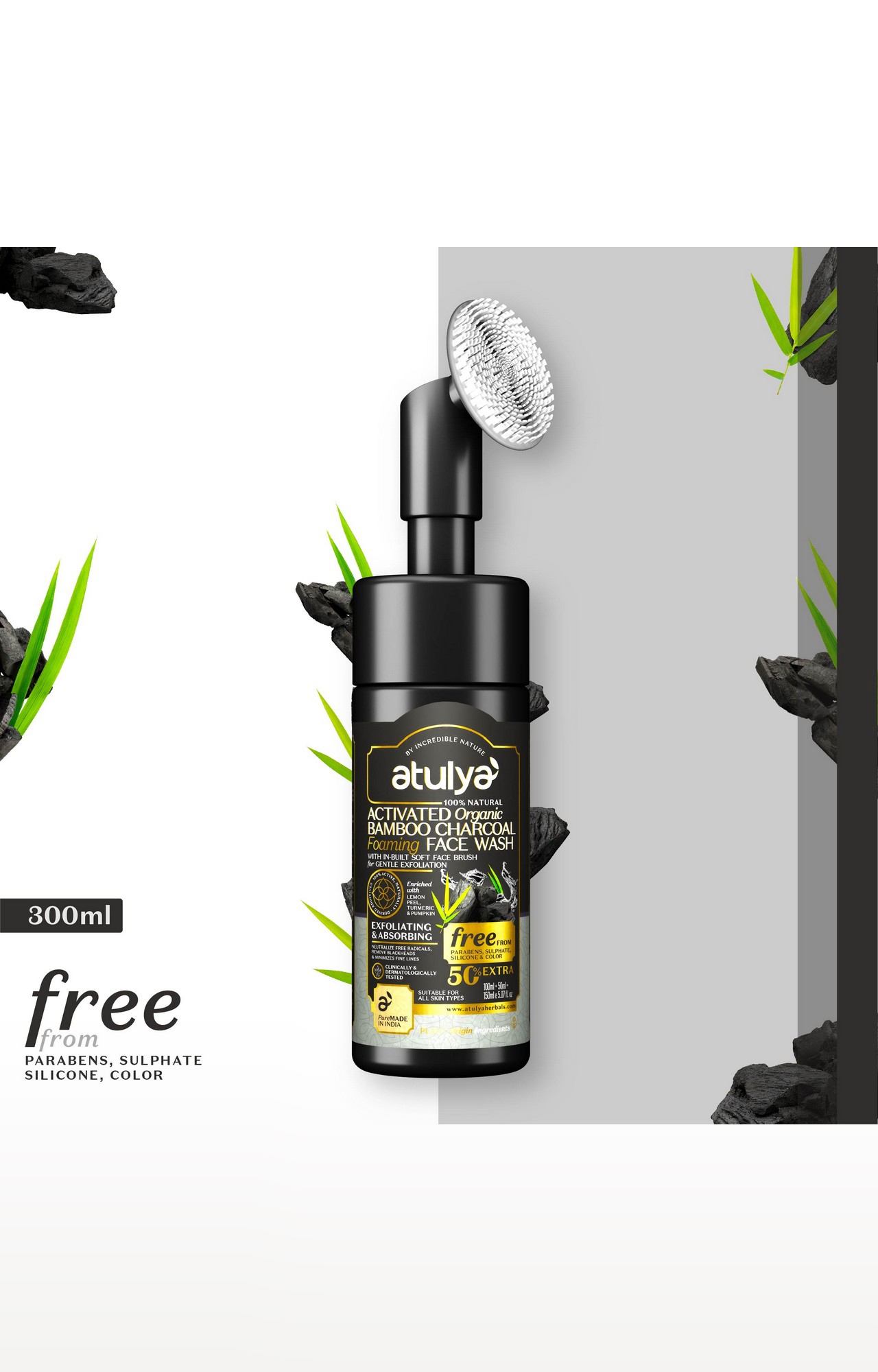 atulya | Atulya Activated Organic Bamboo Charcoal Foaming Face Wash with Silicone Brush Applicator - 150 ML