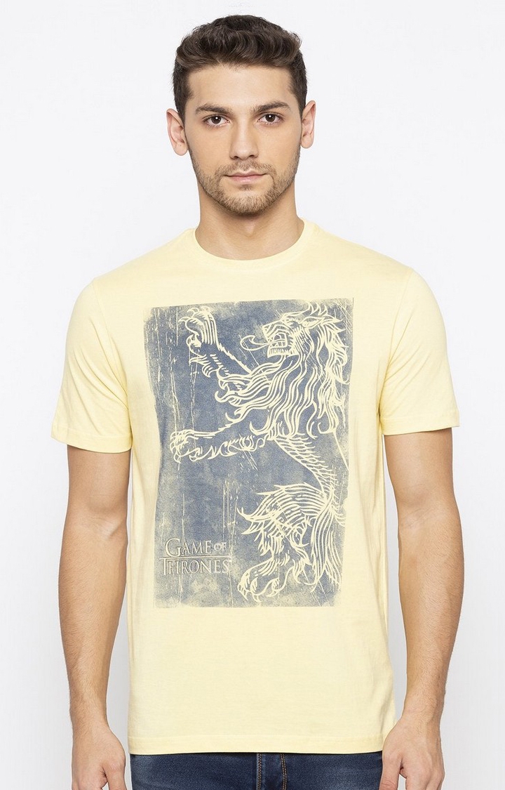 Yellow Cotton Blend Printed T-Shirts