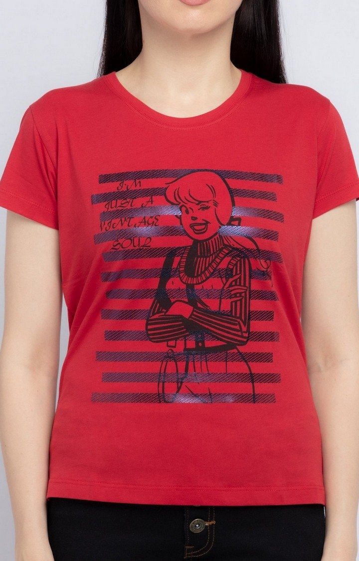 Women's Red Cotton Printeded Regular T-Shirt