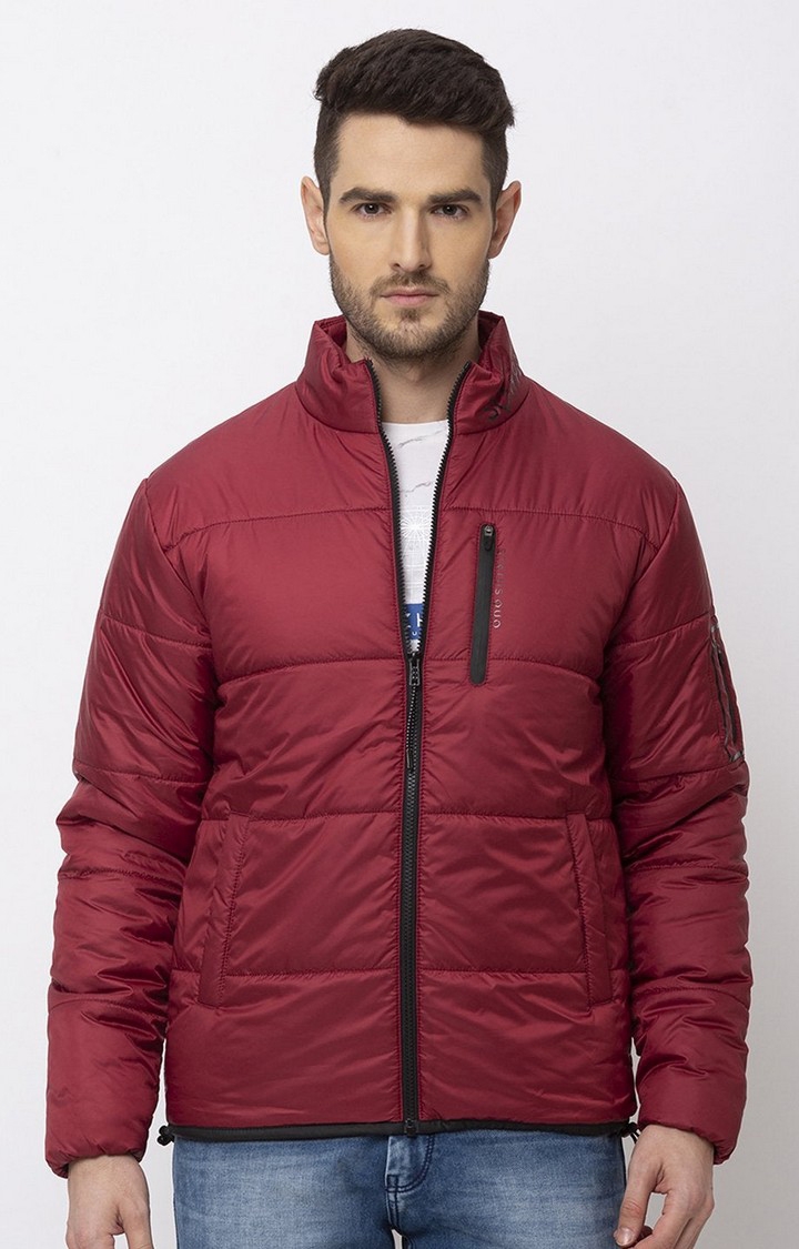 Red Polyester Quilted Full Zip Bomber Jackets