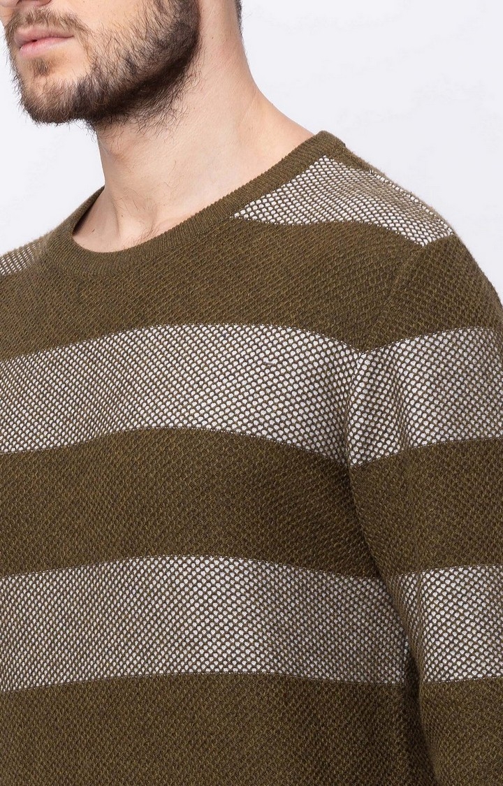Men's Green Cotton Striped Sweaters
