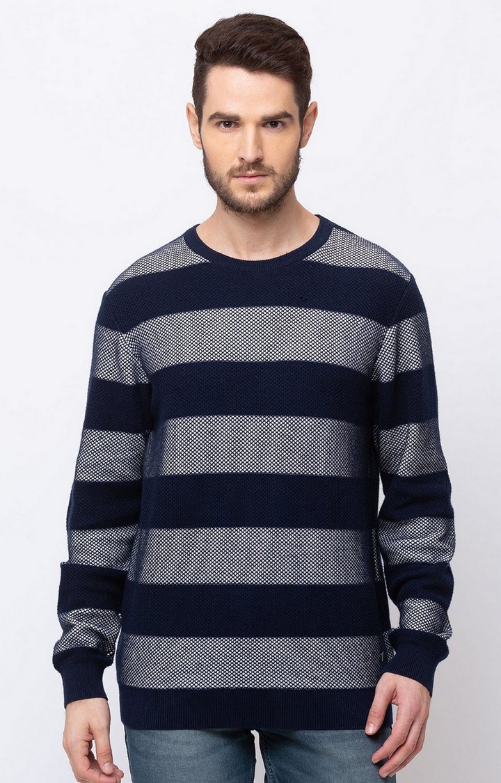 Blue Cotton Striped Sweaters