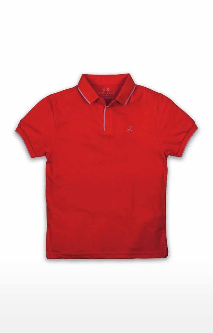 Boy's Red Cotton Solid Polos
