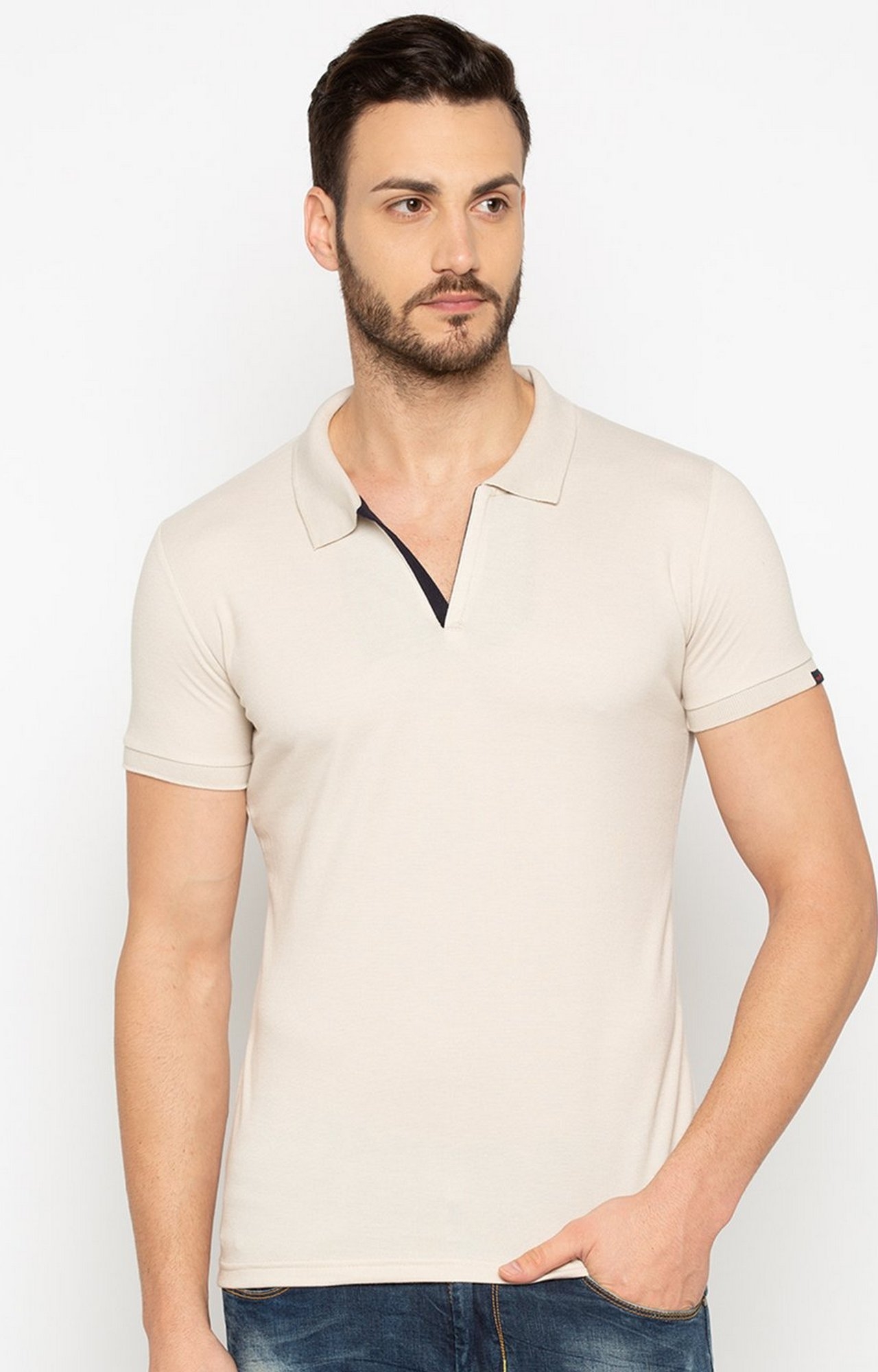 Status Quo | Beige Solid Slim Fit Polo T-Shirt