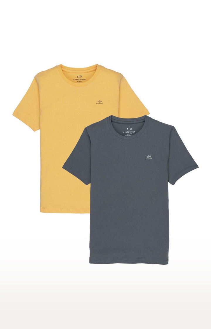Boys Grey and Yellow Cotton Solid Regular T-Shirt