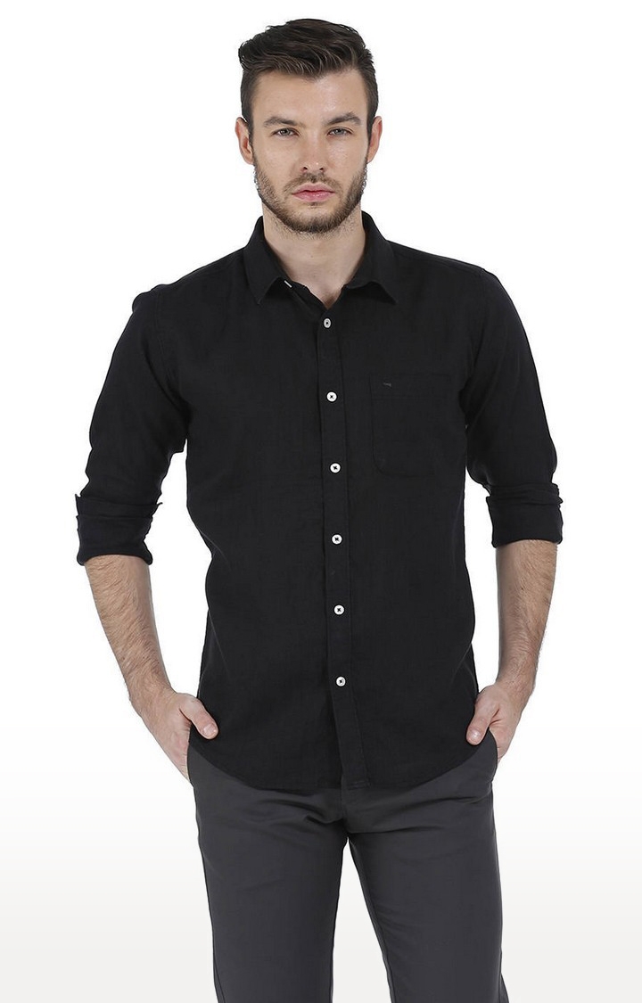 Men's Black Linen Solid Casual Shirts