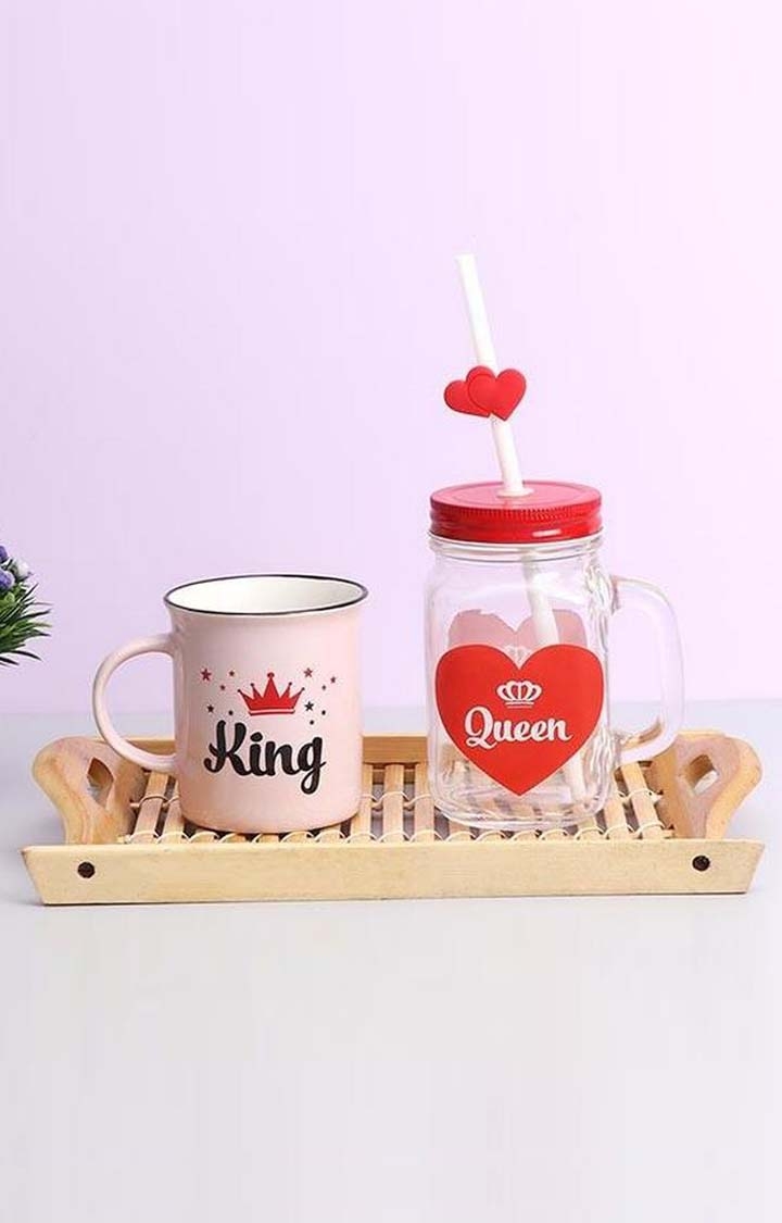 Archies King Queen Ceramic Coffee Mug And Mason Jar Set