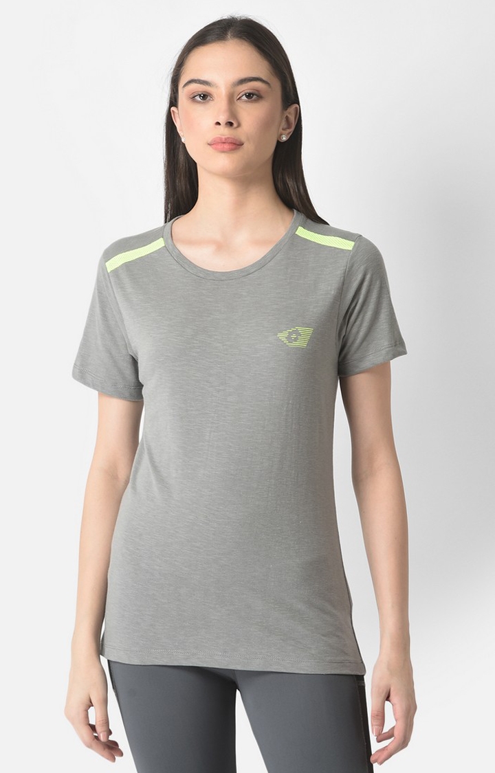 Women's Grey Cotton Solid Activewear T-Shirt