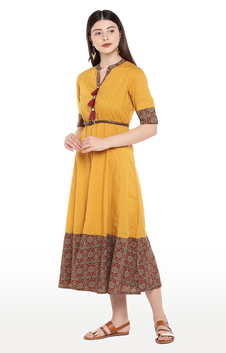 Ethnicity | Ethnicity Mustard Cotton Dobby Women Dress 1
