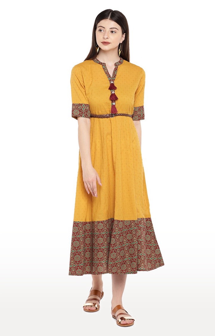 Ethnicity | Ethnicity Mustard Cotton Dobby Women Dress 2