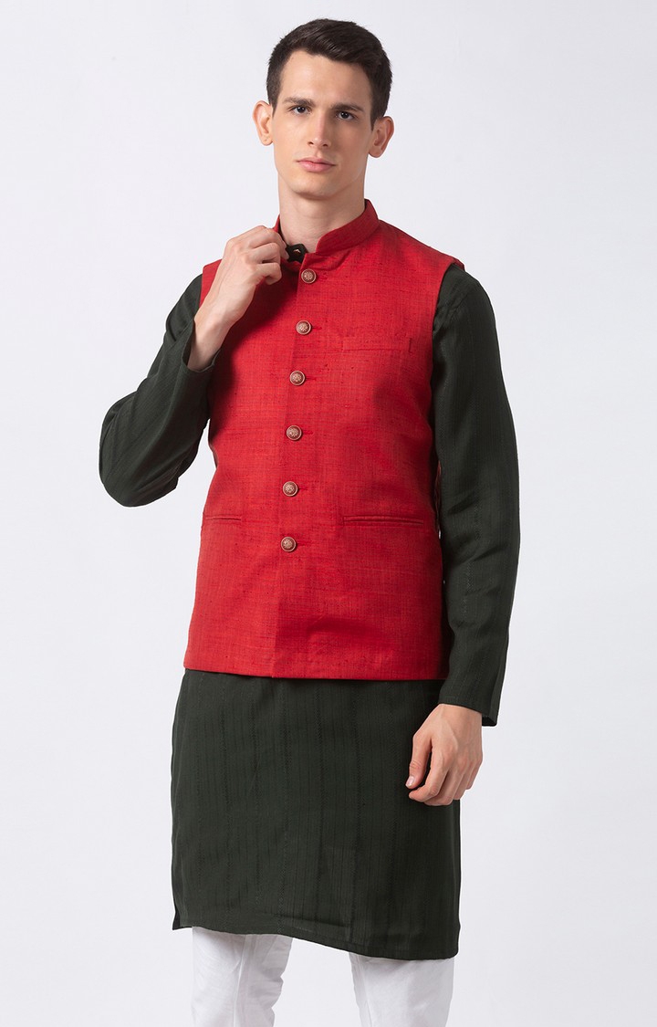 Ethnicity Polyester Blend Straight Sleeveless Men Maroon Jackets