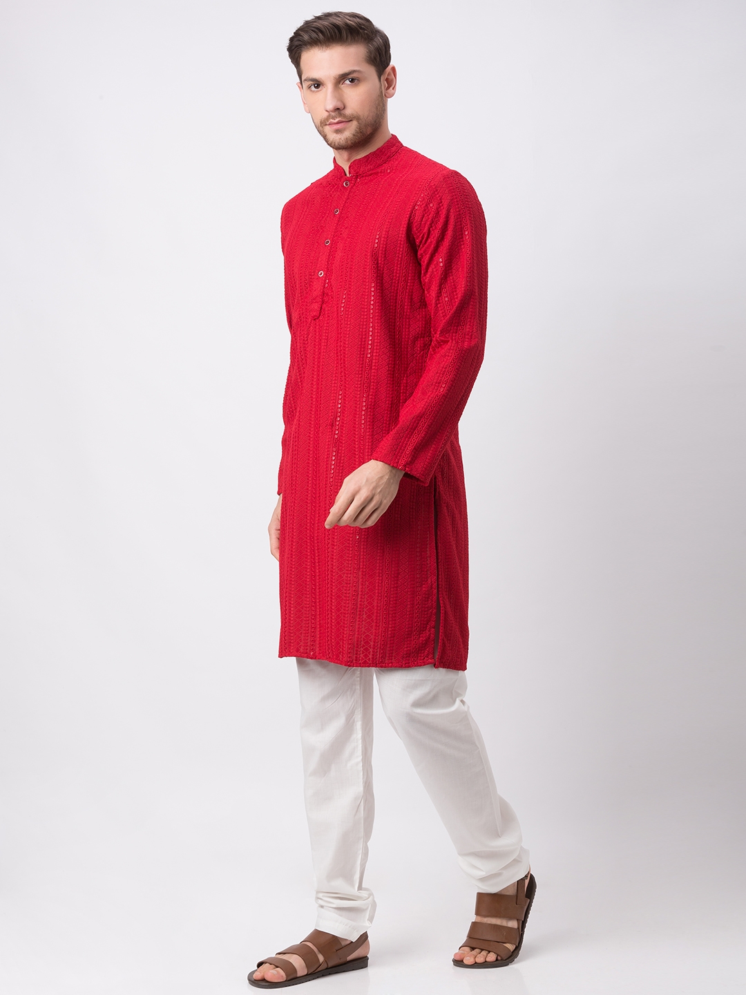 Ethnicity | Ethnicity Polyester Cotton Straight Full Sleeve Men Maroon Kp Set