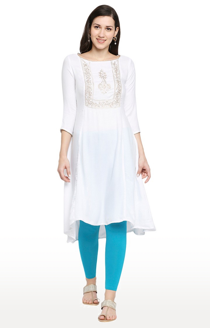 Ethnicity | Ethnicity Ladies Ethnicwear Regular Fit Embroidery Viscose Moss Mnm Kurta | Off White- L