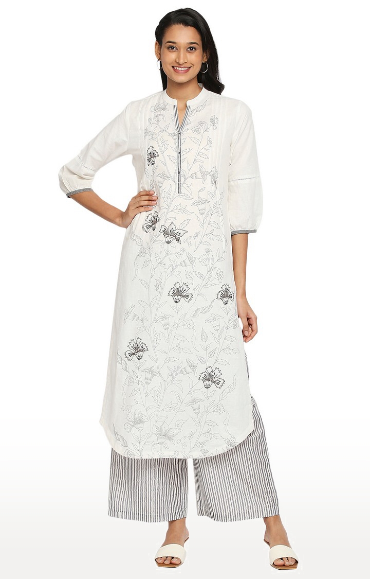 Nylangan Women's White Cotton Linen Embroidered Kurta | S